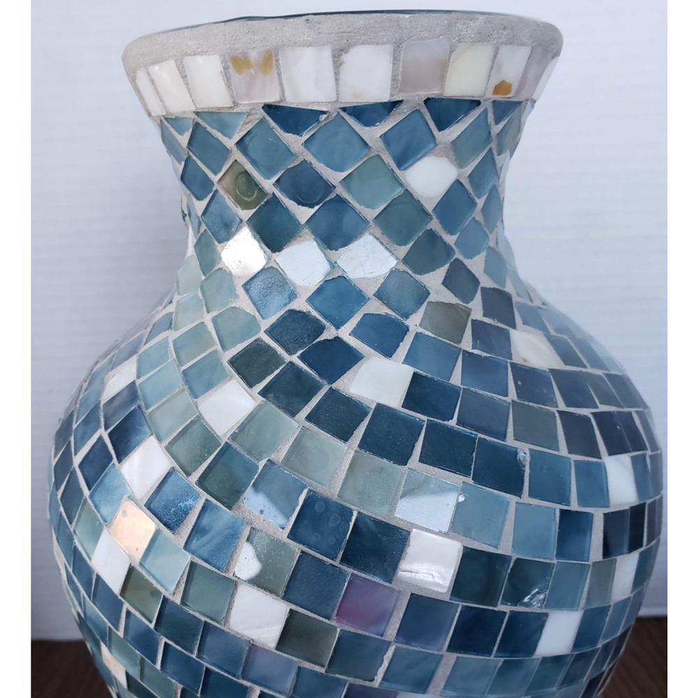 Mosaic 12 Inch Tall Blue White Tiled Glass Large Vase - Picture 5 of 15